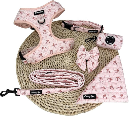 Large Dog Collar and Harness Set – No Pull, All-Weather, Breathable Harness & Leash Set with Collar, Bandana, Sailor Bow & Poop Bag Holder – Adjustable & Soft - Teddy Coquette on Jacquard Fabric
