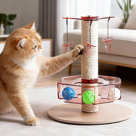 Kicari Modern 3-in-1 Interactive Cat Toy, Rotating Puzzle Box Cat Puzzle Toys for Indoor Cats with Colorful Jingle Balls, Small Scratching Post, Spinning Teaser Disc with Dangling Toys, Acrylic Pink