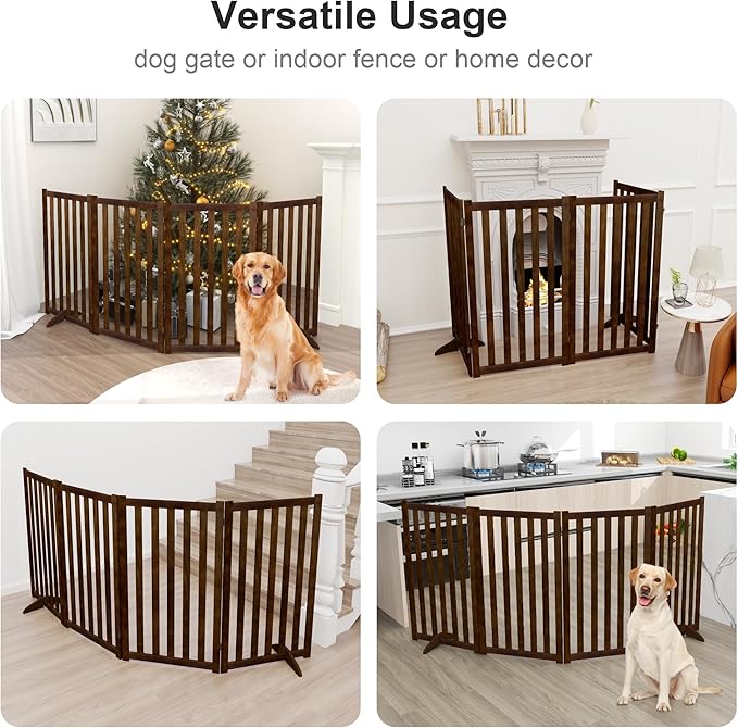 36" Height Extra Tall Freestanding Pet Gate, Solid Wood Folding Safety Fence Wooden Dog Gate with 2 PCs Support Feet Ideal for Stairs, Doorways, Halls, Kitchens, Heavy Duty Gates, 4 Panels, Walnut