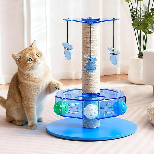 Kicari Modern 3-in-1 Interactive Cat Toy, Rotating Puzzle Box Cat Puzzle Toys for Indoor Cats with Colorful Jingle Balls, Small Scratching Post, Spinning Teaser Disc with Dangling Toys, Acrylic Blue