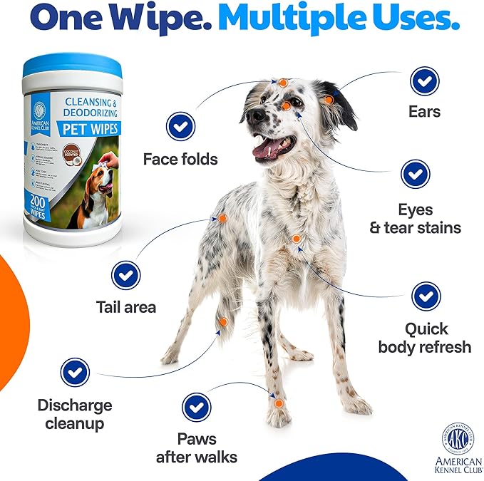 American Kennel Club Pet Cleansing Wipes Canister – 200ct – Gentle Grooming & Quick Clean-Up for Dogs & Cats – Chemical-Free, Soft, and Safe for Paws, Face, Ears, and Coat – Portable & Moist