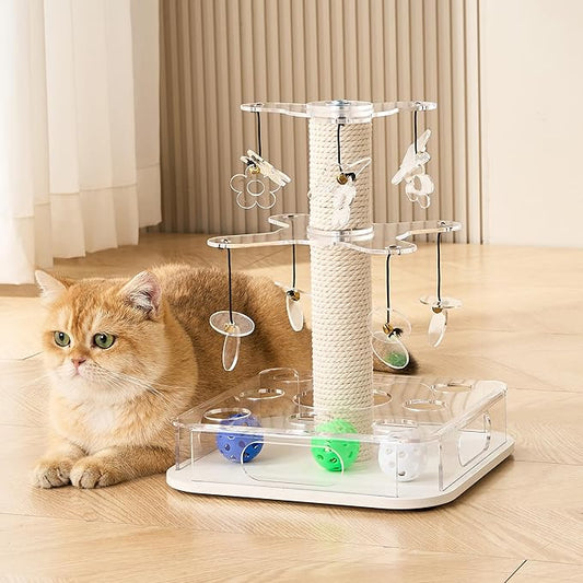 Kicari Modern 3-in-1 Interactive Cat Toy, Puzzle Box Cat Puzzle Toys for Indoor Cats with with Colorful Jingle Balls, Small Cotton Scratching Post, 2-Layer Spinning Dangling Toys, Acrylic White