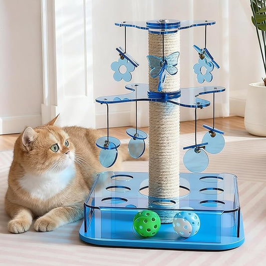 Kicari Modern 3-in-1 Interactive Cat Toy, Puzzle Box Cat Puzzle Toys for Indoor Cats with with Colorful Jingle Balls, Small Cotton Scratching Post, 2-Layer Spinning Dangling Toys, Acrylic Blue