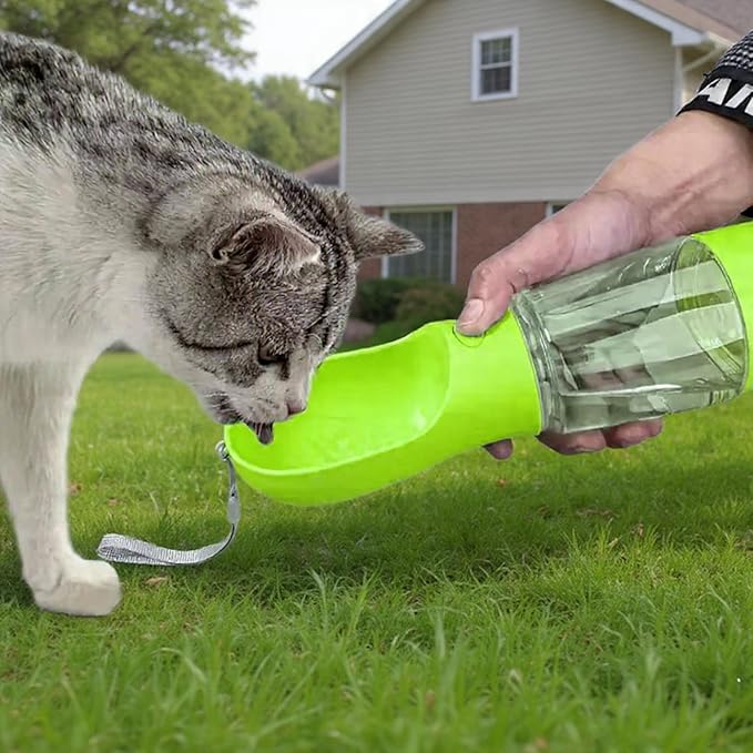 3-in-1 Dog & Cat Water Bottle Portable with Food Container & Poop Bag Holder - BPA Free Travel Pet Dispenser, Leak-Proof Design, Includes 60 Waste Bags, 400ml, Green