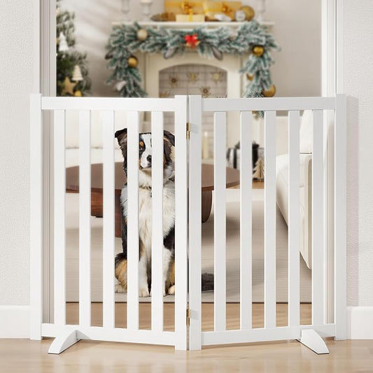 30" Height Tall Freestanding Pet Gate, Solid Wood Folding Safety Fence Wooden Dog Gate with 2 PCs Support Feet Ideal for Stairs, Doorways, Halls, Kitchens, Heavy Duty Gates, 2 Panels, White
