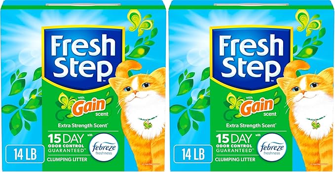 Fresh Step Clumping Litter with Febreze Freshness Gain Original Scent, Low-Dust Formula with Ammonia Block Technology, 14 lb. Box (Pack of 2)