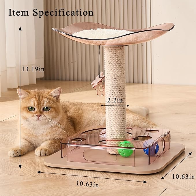 Kicari Modern 3-in-1 Interactive Cat Toy, Puzzle Box Cat Puzzle Toys for Indoor Cats with Bed/Perch, Small Cotton Scratching Posts, Colorful Jingle Balls, Dangling Toy Accent, Acrylic Pink