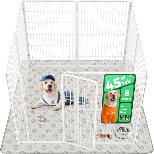 FXW Homeplus Unleashed Indoor Dog Playpen - Stress-Free and Safe Play, Heavy Duty 45 Inch 8 Panels with Washable Pee Pad for Large Dogs, White│Patented
