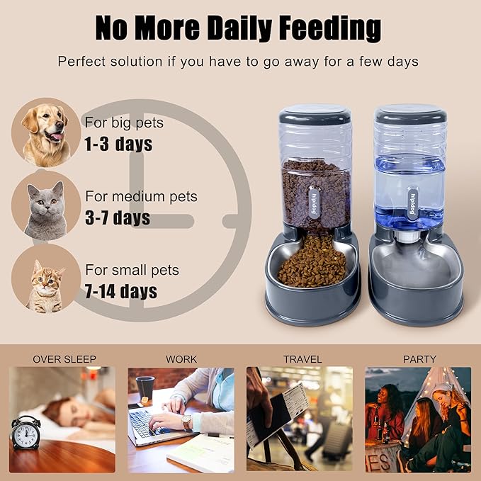 Stainless Steel Automatic Pet Feeder for Small&Medium Pets Automatic Food Feeder and Waterer Stainless Steel Bowls Set 3.8 L, Travel Supply Feeder and Water Dispenser for Dogs Cats Pets Animals