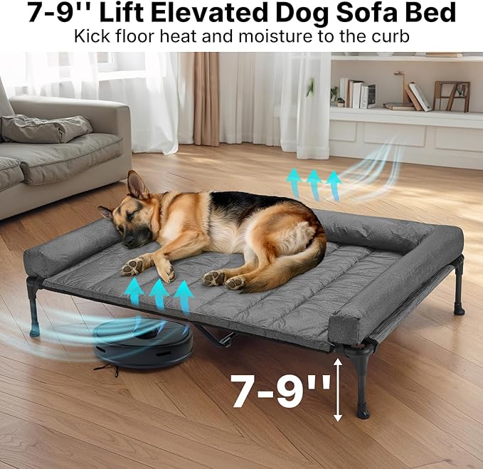 Veehoo Cooling Elevated Dog Bed Add Removable Waterproof Bolster Cushion Mat, Raised Pet Cot with Breathable Teslin Mesh, No-Slip Feet, Dog Couch Bed for Indoor Outdoor, 53 inches, Black Silver