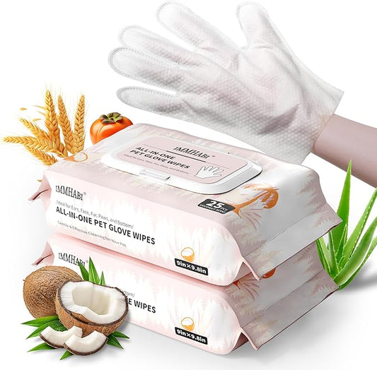 50 Pcs Cleaning Deodorizing Pet Glove Wipes for Dogs & Cats, Hypoallergenic Dog Bath Wipes with Natural Deodorizer Persimmon Tannin, Pet Bathing Wipes for Horse Coat Care Coconut Scent