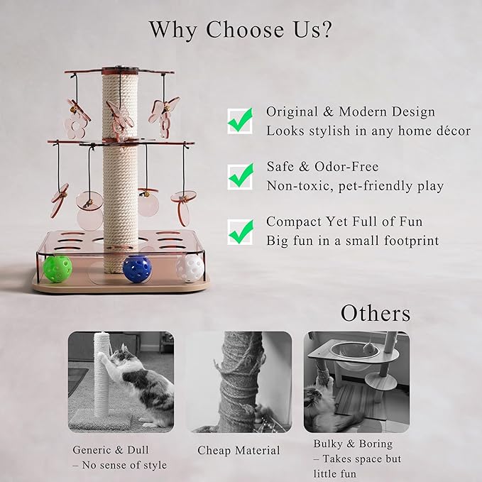 Kicari Modern 3-in-1 Interactive Cat Toy, Puzzle Box Cat Puzzle Toys for Indoor Cats with with Colorful Jingle Balls, Small Cotton Scratching Post, 2-Layer Spinning Dangling Toys, Acrylic Pink