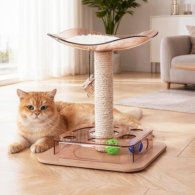 Kicari Modern 3-in-1 Interactive Cat Toy, Puzzle Box Cat Puzzle Toys for Indoor Cats with Bed/Perch, Small Cotton Scratching Posts, Colorful Jingle Balls, Dangling Toy Accent, Acrylic Pink