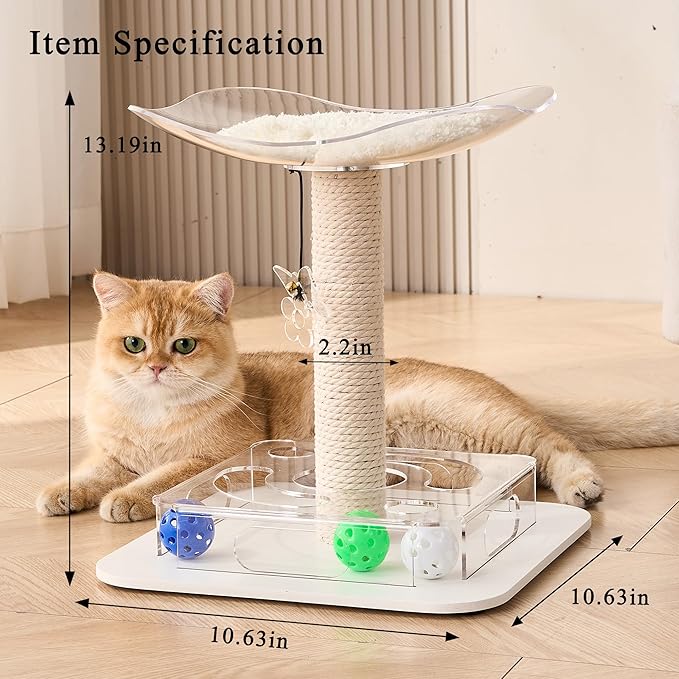 Kicari Modern 3-in-1 Interactive Cat Toy, Puzzle Box Cat Puzzle Toys for Indoor Cats with Bed/Perch, Small Cotton Scratching Posts, Colorful Jingle Balls, Dangling Toy Accent, Acrylic White