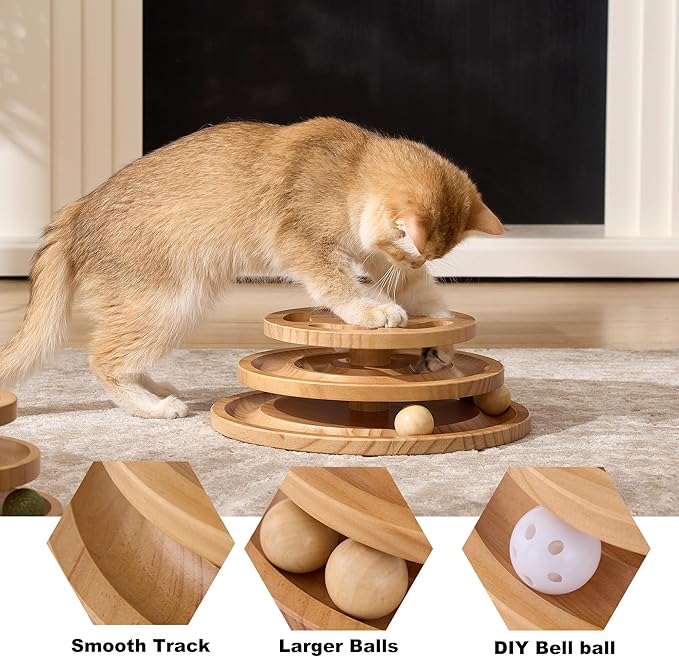 ZOMISIA Cat Ball Track Toy with Puzzle Top, Extra Large Wooden Cat Toys for Indoor Cats with Spinning Balls, Interactive Cat Ball Tower for Kitten Exercise Mental Physical