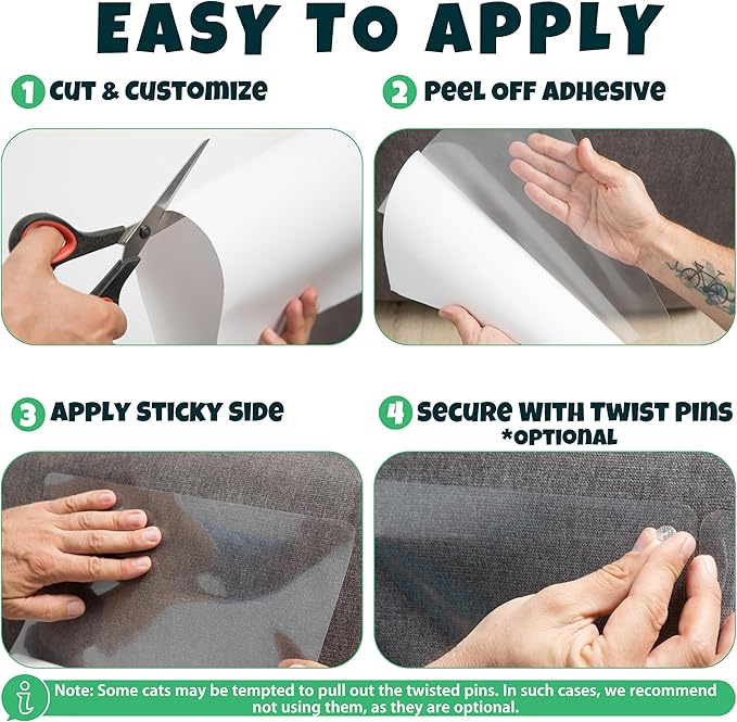 Anti Cat Scratch Furniture Protector, 10-Pack Couch Protector from Cat Claws - Heavy-Duty, Easy-to-Apply Scratching Deterrent and Shield for Sofa Corners, Walls, Doors- with 50 Twist Pins