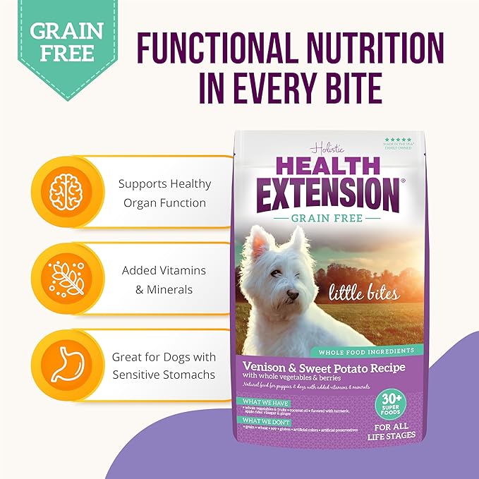 Health Extension Grain Free Venison & Sweet Potato Little Bites Small Kibble Formula with 30+ Superfoods Lean Protein, and Probiotics for Teacups, Toys & Miniature Dogs (12lb)