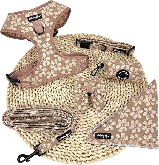Small Dog Collar and Harness Set – No Pull, All-Weather, Breathable Harness & Leash Set with Collar, Bandana, Sailor Bow & Poop Bag Holder – Adjustable & Soft - Cocoa Bloom on Jacquard Fabric