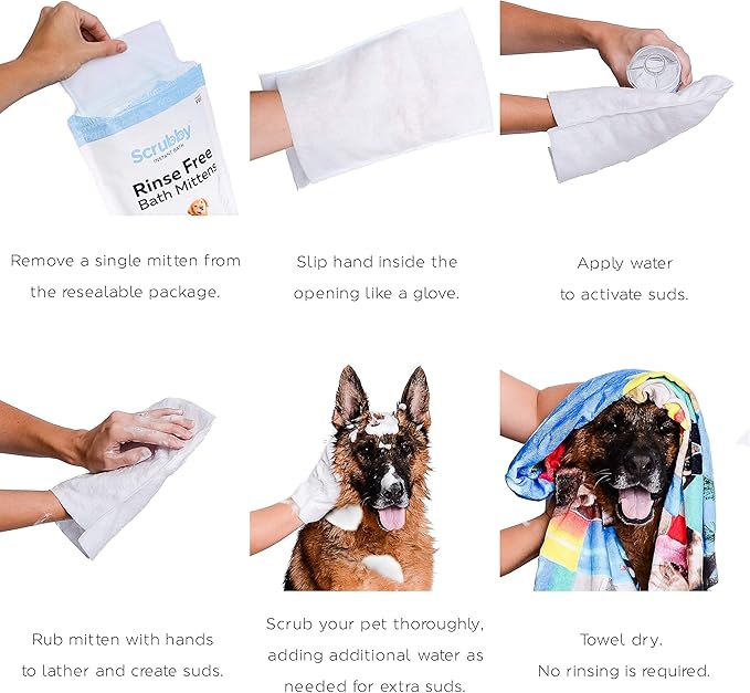 No Rinse Pet Wipes | Rinse Free Shampoo Mittens | Dogs & Cats | Bath Wipes - Bathing & Washing Pets, Hypoallergenic | No Rinse Wash Mitt | Grooming, Lather Wipe Dry - Pack of 15