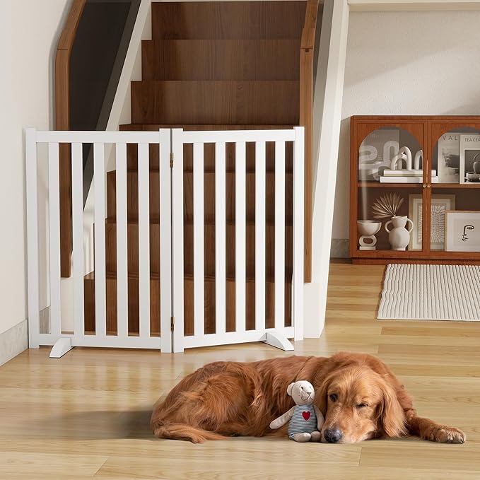 30" Height Tall Freestanding Pet Gate, Solid Wood Folding Safety Fence Wooden Dog Gate with 2 PCs Support Feet Ideal for Stairs, Doorways, Halls, Kitchens, Heavy Duty Gates, 2 Panels, White