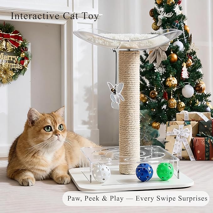 Kicari Modern 3-in-1 Interactive Cat Toy, Puzzle Box Cat Puzzle Toys for Indoor Cats with Bed/Perch, Small Cotton Scratching Posts, Colorful Jingle Balls, Dangling Toy Accent, Acrylic White