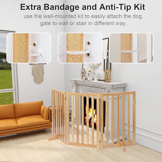 36" Height Extra Tall Freestanding Pet Gate, Solid Wood Folding Safety Fence Wooden Dog Gate with 2 PCs Support Feet Ideal for Stairs, Doorways, Halls, Kitchens, Heavy Duty Gates, 3 Panels, Oak